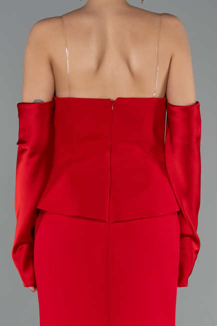 Kırmızı Straplez Peplum Kesim Eldivenli Uzun Abiye ABU5421