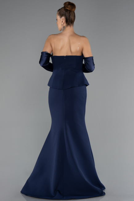 Lacivert Straplez Peplum Kesim Eldivenli Uzun Abiye ABU5421