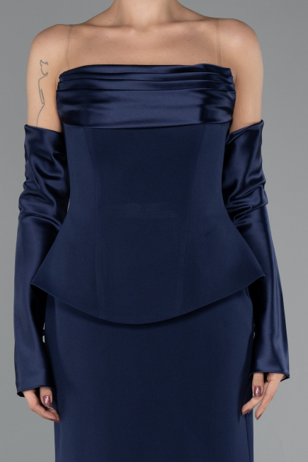 Lacivert Straplez Peplum Kesim Eldivenli Uzun Abiye ABU5421