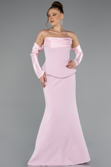 Pudra Straplez Peplum Kesim Eldivenli Uzun Abiye ABU5421