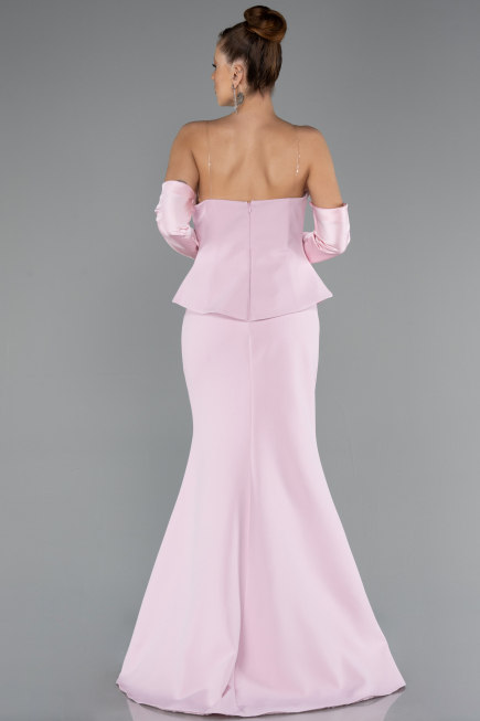 Pudra Straplez Peplum Kesim Eldivenli Uzun Abiye ABU5421