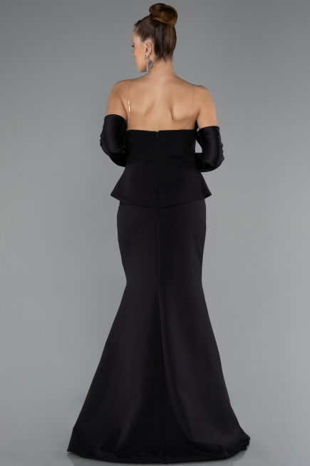 Siyah Straplez Peplum Kesim Eldivenli Uzun Abiye ABU5421