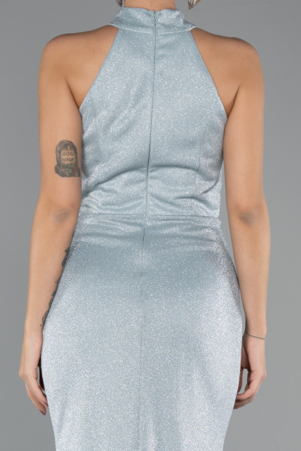 Mint Halter Yaka Yırtmaçlı Uzun Simli Abiye ABU5426