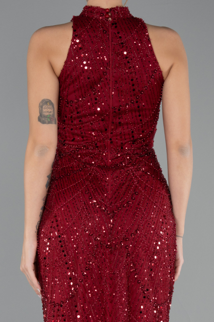 Bordo Halter Yaka Boncuklu Uzun Balık Abiye ABU4791