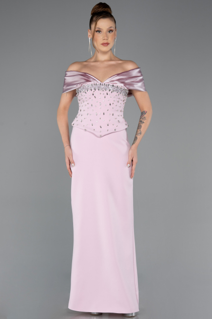 Pudra Saten Kayık Yaka Taşlı Peplum Kesim Uzun Abiye ABU5440