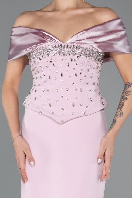 Pudra Saten Kayık Yaka Taşlı Peplum Kesim Uzun Abiye ABU5440