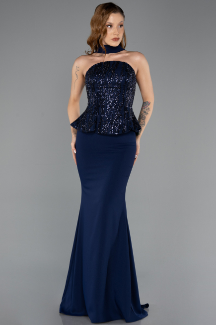 Lacivert Taşlı Straplez Peplum Kesim Uzun Balık Abiye ABU5457