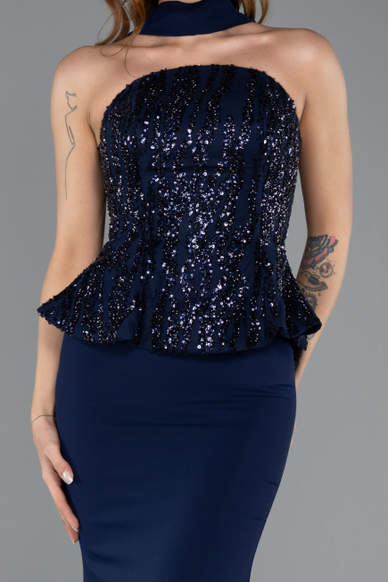 Lacivert Taşlı Straplez Peplum Kesim Uzun Balık Abiye ABU5457