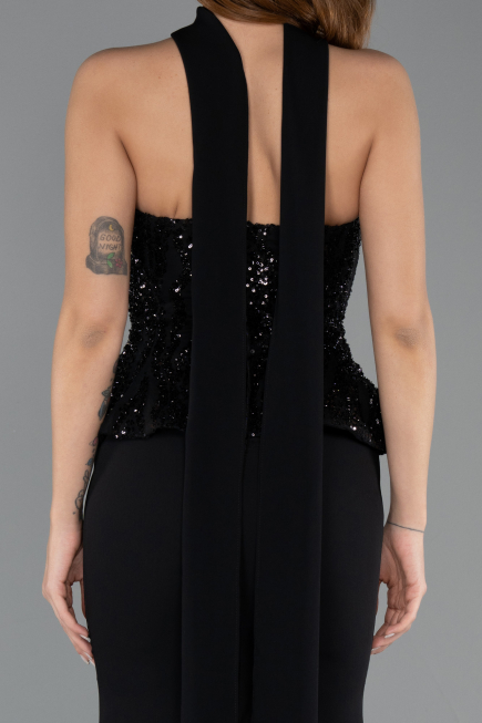Siyah Taşlı Straplez Peplum Kesim Uzun Balık Abiye ABU5457