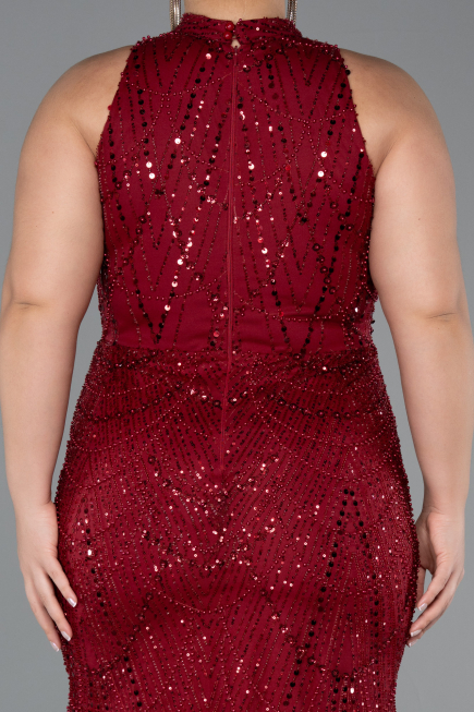 Bordo Halter Yaka Uzun Boncuklu Büyük Beden Abiye ABU5063