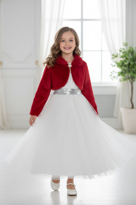 Kırmızı Kız Çocuk Kürklü Kısa Bolero Ceket ABK2467