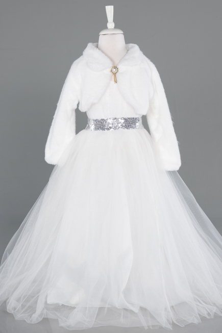 Ekru Kız Çocuk Kürklü Kısa Bolero Ceket ABK2467