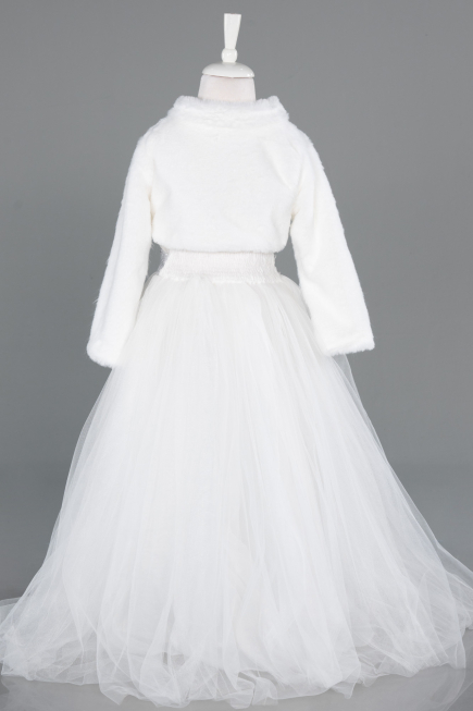 Ekru Kız Çocuk Kürklü Kısa Bolero Ceket ABK2467