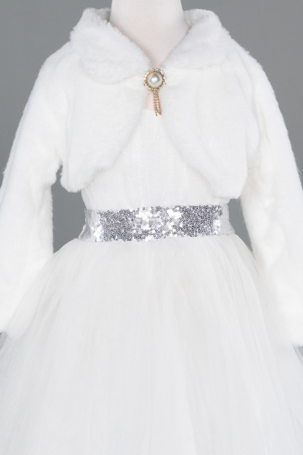 Ekru Kız Çocuk Kürklü Kısa Bolero Ceket ABK2467