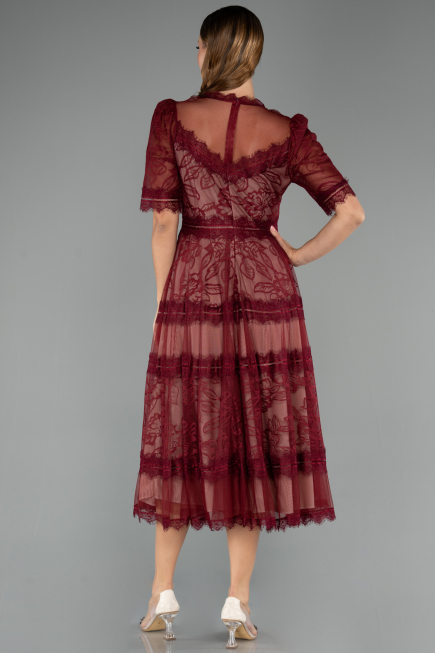 Bordo Kısa Kol Midi Davet Elbisesi ABK1388