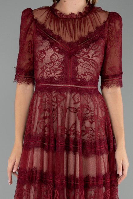 Bordo Kısa Kol Midi Davet Elbisesi ABK1388
