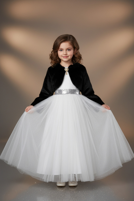 Siyah Kız Çocuk Kürklü Kısa Bolero Ceket ABK2468