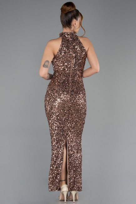 Bakır Halter Yaka Midi Pul Payet Abiye Elbise ABK2474