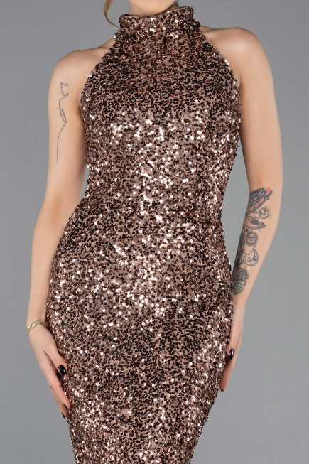 Bakır Halter Yaka Midi Pul Payet Abiye Elbise ABK2474