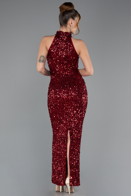 Bordo Halter Yaka Midi Pul Payet Abiye Elbise ABK2474