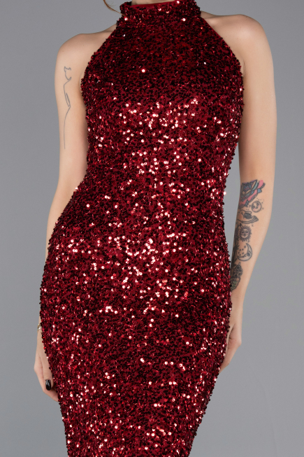 Bordo Halter Yaka Midi Pul Payet Abiye Elbise ABK2474