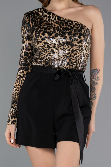 Leopar Leoparlı Tek Kol Kısa Abiye Tulum EX72500