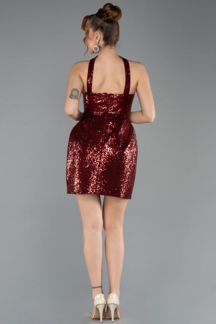 Bordo Straplez Mini Pul Payet Gece Elbisesi ABK2201