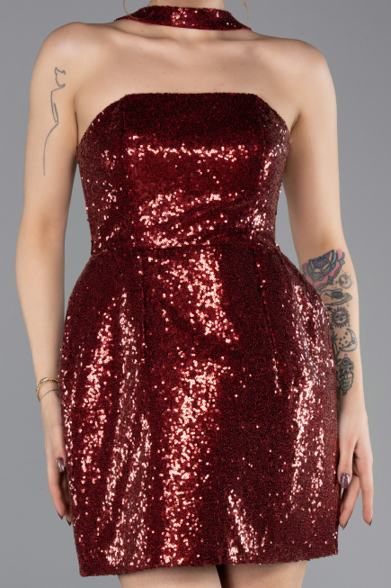 Bordo Straplez Mini Pul Payet Gece Elbisesi ABK2201