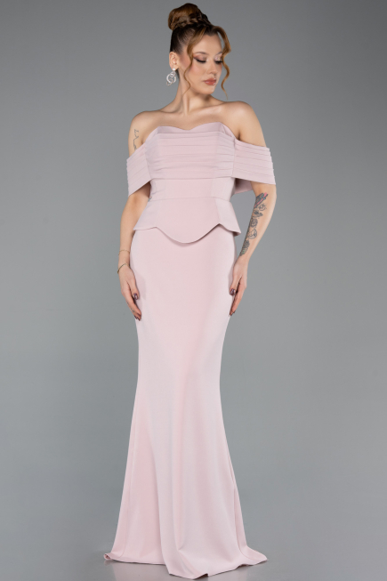 Pudra Straplez Peplum Kesim Uzun Abiye Elbise ABU5559