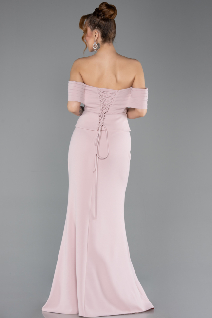 Pudra Straplez Peplum Kesim Uzun Abiye Elbise ABU5559