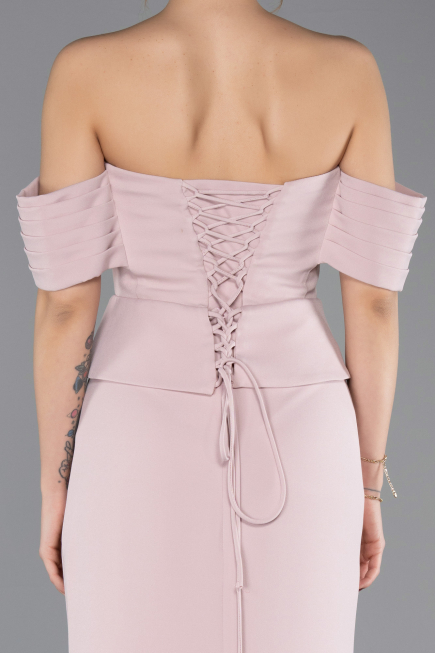 Pudra Straplez Peplum Kesim Uzun Abiye Elbise ABU5559