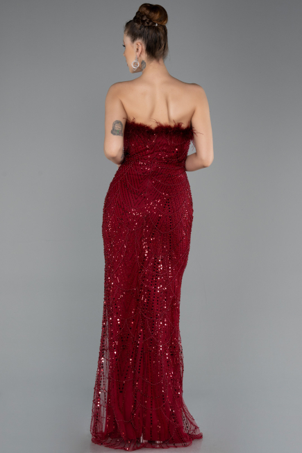 Bordo Otrişli Straplez Yaka Uzun Boncuklu Abiye ABU5590