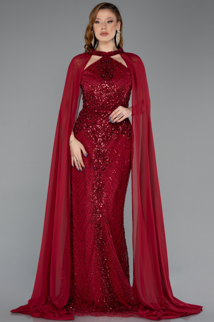 Bordo Halter Yaka Şallı Uzun Boncuklu Abiye Elbise ABU5595