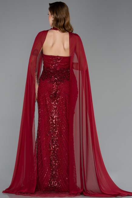 Bordo Halter Yaka Şallı Uzun Boncuklu Abiye Elbise ABU5595
