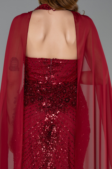 Bordo Halter Yaka Şallı Uzun Boncuklu Abiye Elbise ABU5595