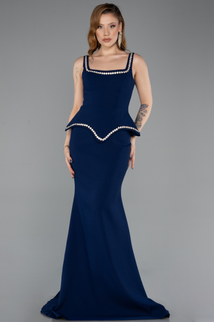 Lacivert Taşlı Kare Yaka Peplum Kesim Uzun Balık Abiye Elbise ABU5597