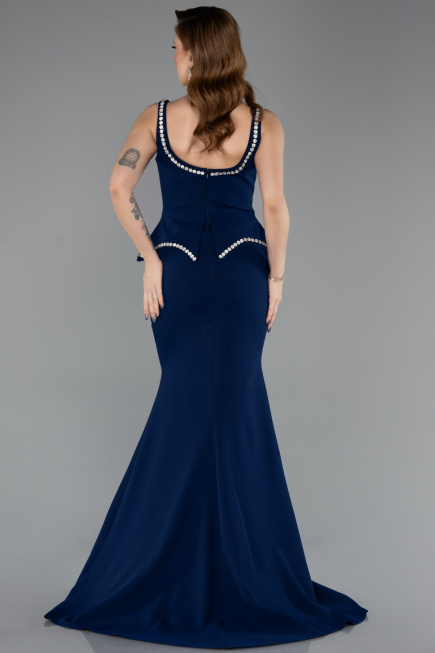 Lacivert Taşlı Kare Yaka Peplum Kesim Uzun Balık Abiye Elbise ABU5597