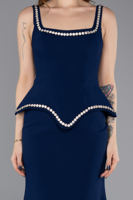 Lacivert Taşlı Kare Yaka Peplum Kesim Uzun Balık Abiye Elbise ABU5597