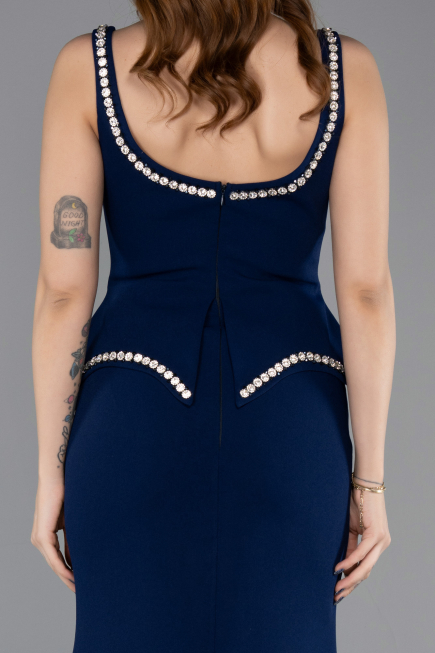 Lacivert Taşlı Kare Yaka Peplum Kesim Uzun Balık Abiye Elbise ABU5597