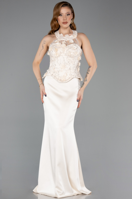 Gold Halter Yaka Taşlı Peplum Kesim Uzun Saten Abiye ABU5601