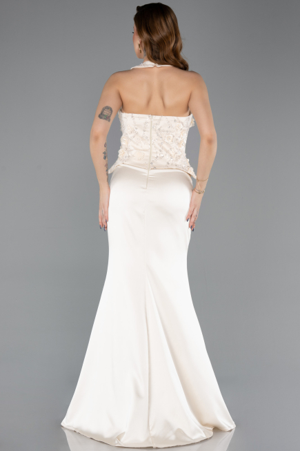 Gold Halter Yaka Taşlı Peplum Kesim Uzun Saten Abiye ABU5601