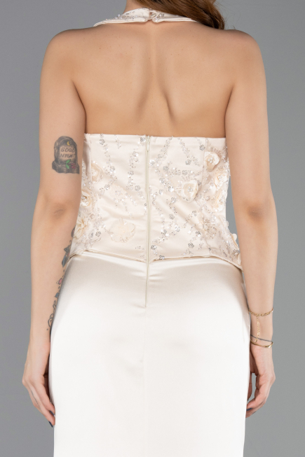 Gold Halter Yaka Taşlı Peplum Kesim Uzun Saten Abiye ABU5601