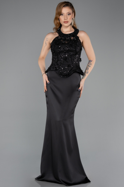 Siyah Halter Yaka Taşlı Peplum Kesim Uzun Saten Abiye ABU5601