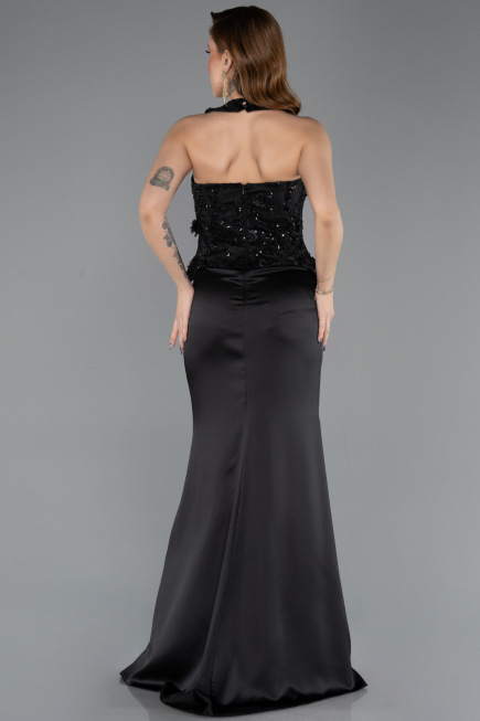 Siyah Halter Yaka Taşlı Peplum Kesim Uzun Saten Abiye ABU5601