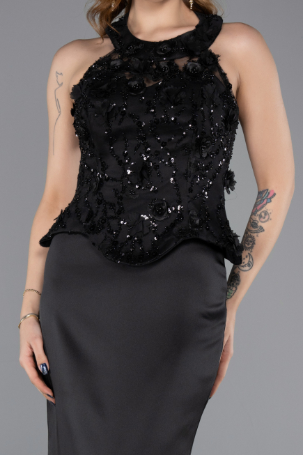 Siyah Halter Yaka Taşlı Peplum Kesim Uzun Saten Abiye ABU5601