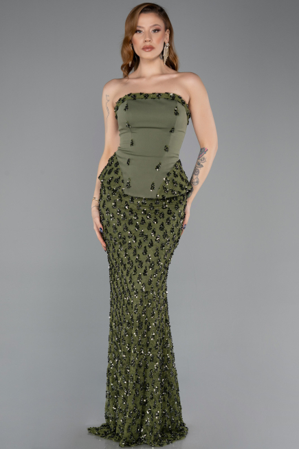 Haki Straplez Peplum Detay Uzun Pullu Dantel Balık Abiye ABU5612