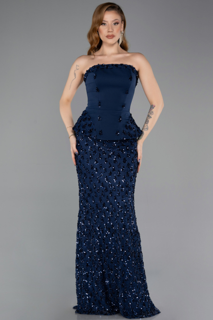 Lacivert Straplez Peplum Detay Uzun Pullu Dantel Balık Abiye ABU5612