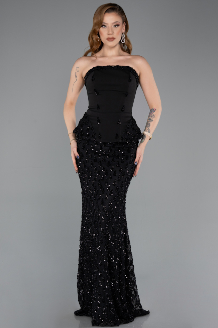 Siyah Straplez Peplum Detay Uzun Pullu Dantel Balık Abiye ABU5612