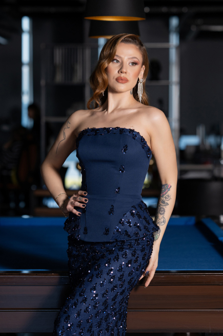 Lacivert Straplez Peplum Detay Uzun Pullu Dantel Balık Abiye ABU5612