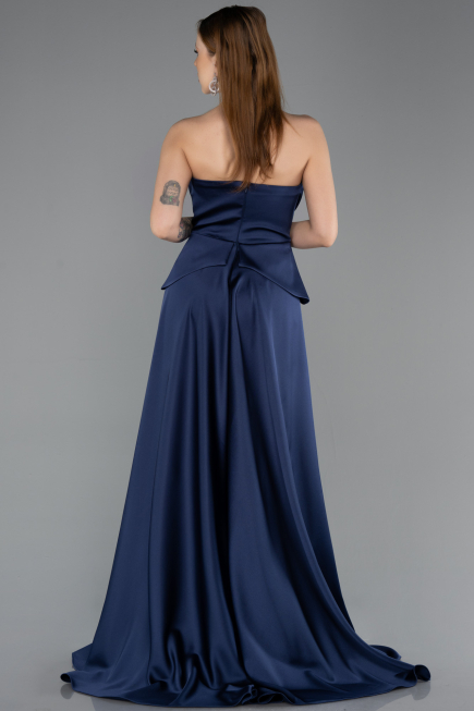 Lacivert Straplez Peplum Kuyruklu Uzun Dantel Abiye ABU5615